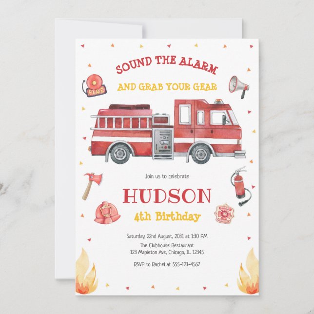 Convite Firetruck Firefighter Kids Birthday Invitation (Frente)