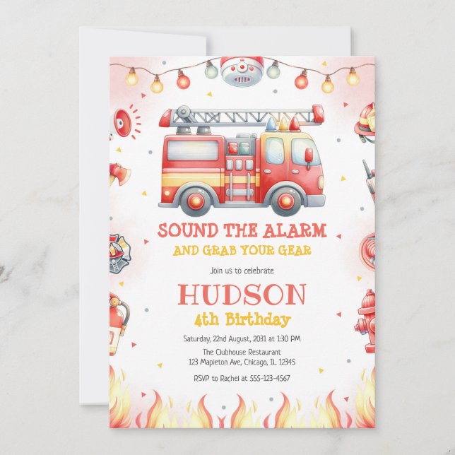 Convite Firetruck Firefighter Kids Birthday Invitation (Frente)