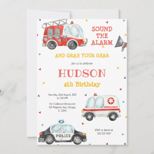 Convite Firetruck Firefighter Kids Birthday Invitation (Frente)