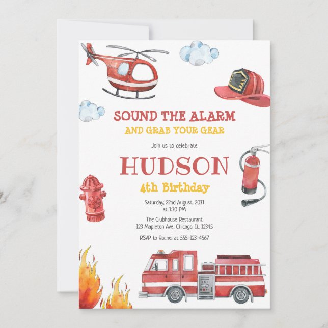 Convite Firetruck Firefighter Kids Birthday Invitation (Frente)