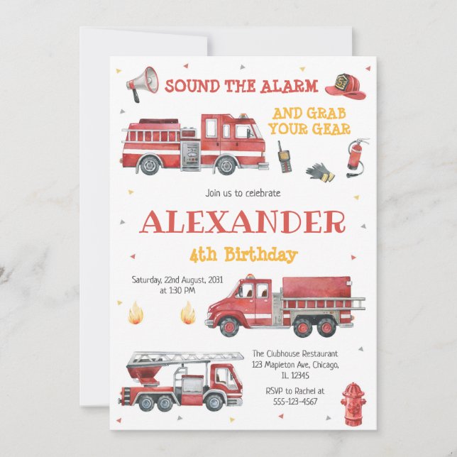 Convite Firetruck Firefighter Kids Birthday Invitation (Frente)