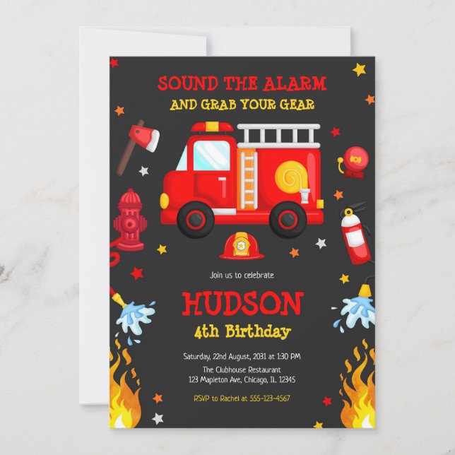 Convite Firetruck Firefighter Kids Birthday Invitation (Frente)
