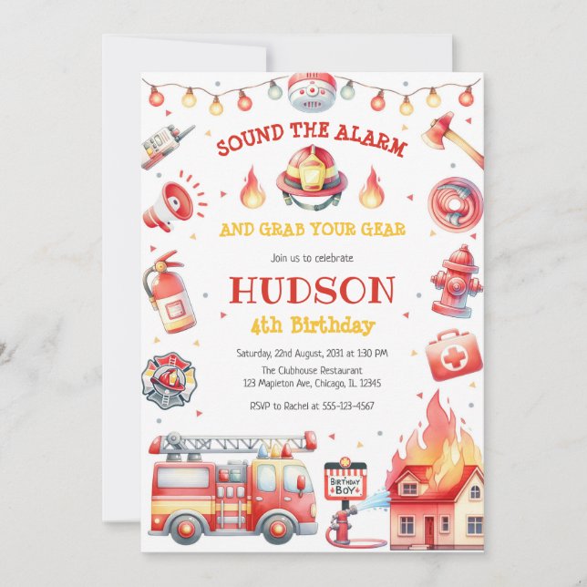 Convite Firetruck Firefighter Kids Birthday Invitation (Frente)