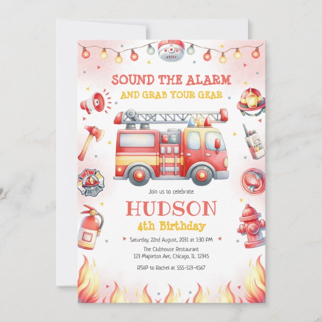 Convite Firetruck Firefighter Kids Birthday Invitation (Frente)