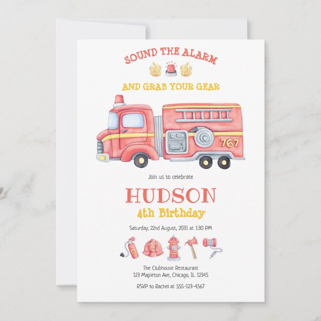 Convite Firetruck Firefighter Kids Birthday Invitation (Frente)