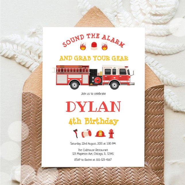 Convite Firetruck Firefighter Kids Birthday Invitation (Criador carregado)