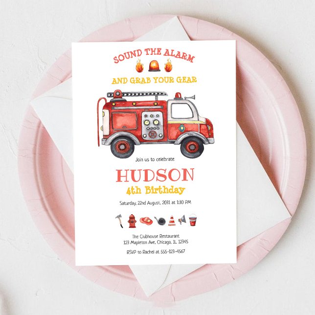 Convite Firetruck Firefighter Kids Birthday Invitation (Criador carregado)