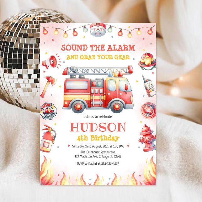 Convite Firetruck Firefighter Kids Birthday Invitation (Criador carregado)