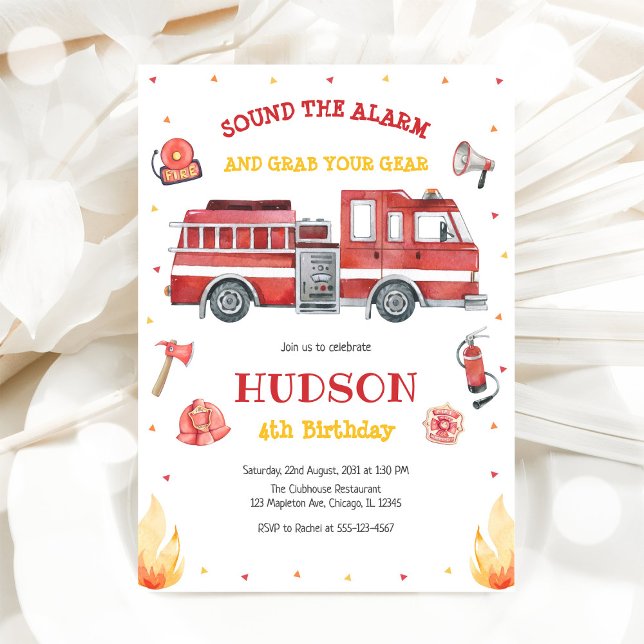 Convite Firetruck Firefighter Kids Birthday Invitation (Criador carregado)