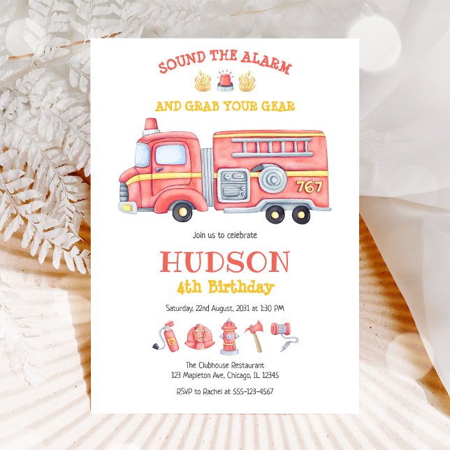 Convite Firetruck Firefighter Kids Birthday Invitation (Criador carregado)
