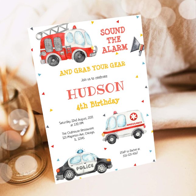 Convite Firetruck Firefighter Kids Birthday Invitation (Criador carregado)