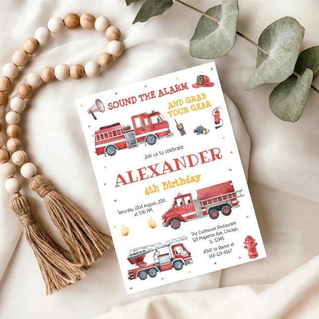 Convite Firetruck Firefighter Kids Birthday Invitation (Criador carregado)