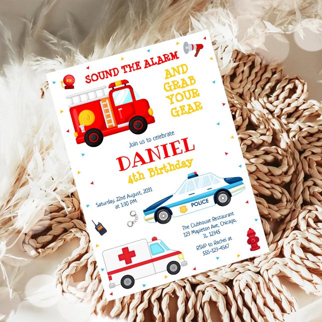 Convite Firetruck Firefighter Kids Birthday Invitation (Criador carregado)