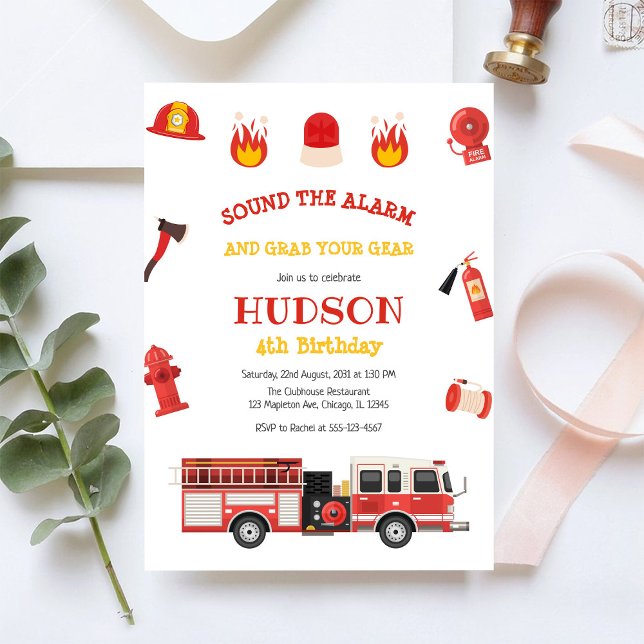 Convite Firetruck Firefighter Kids Birthday Invitation (Criador carregado)