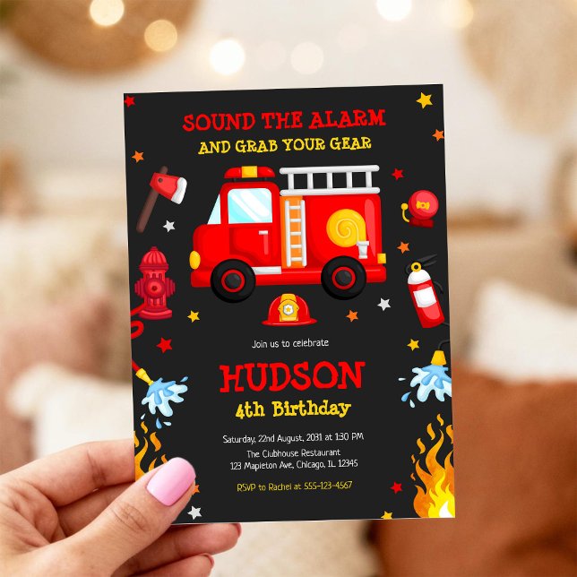Convite Firetruck Firefighter Kids Birthday Invitation (Criador carregado)
