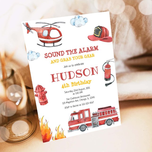 Convite Firetruck Firefighter Kids Birthday Invitation (Criador carregado)