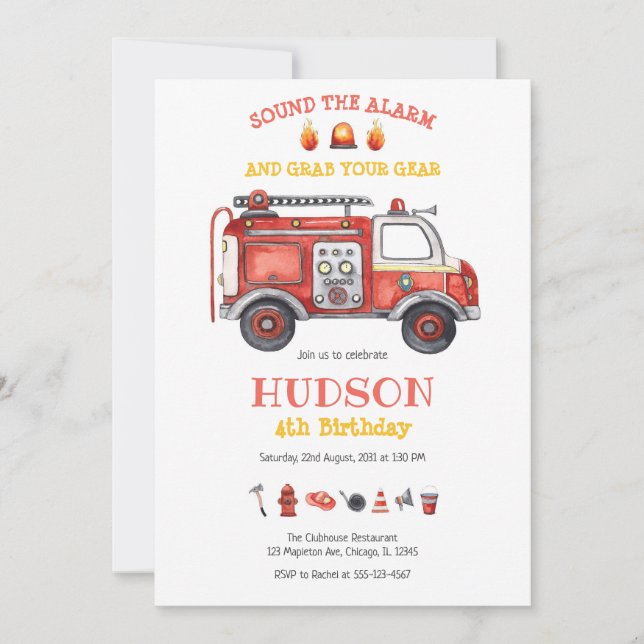 Convite Firetruck Firefighter Kids Birthday Invitation (Frente)