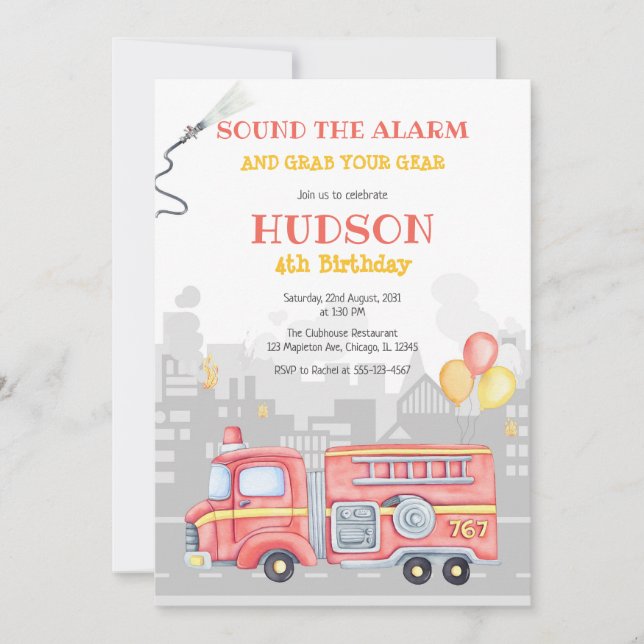 Convite Firetruck Firefighter Kids Birthday Invitation (Frente)