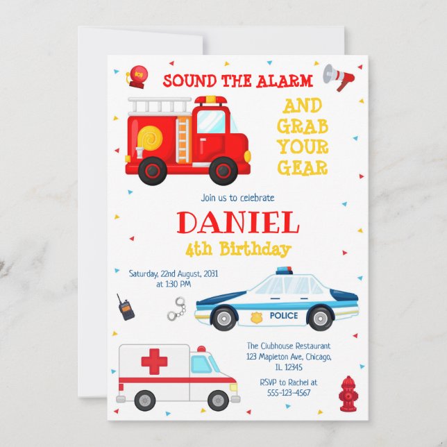 Convite Firetruck Firefighter Kids Birthday Invitation (Frente)