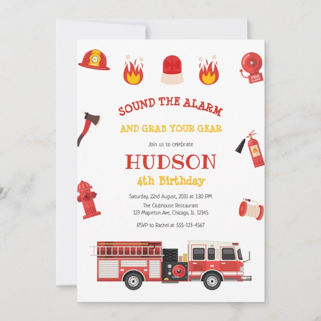 Convite Firetruck Firefighter Kids Birthday Invitation (Frente)