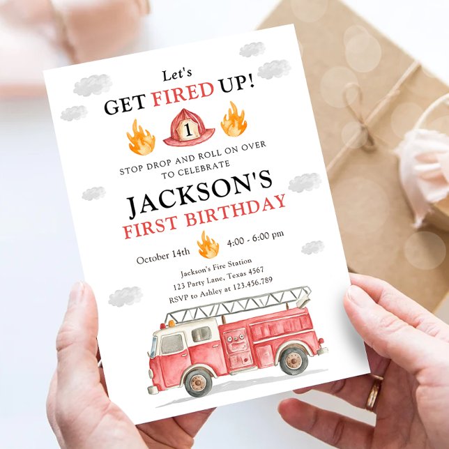 Convite Firetruck Let's Get Fired Up Boy First Birthday (Criador carregado)