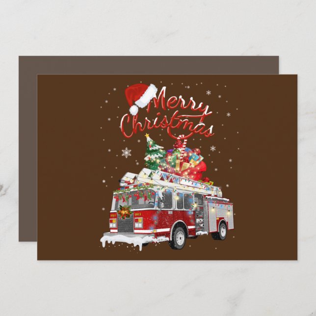 Convite Firetruck Santa Sleigh Fireman Christmas Firefight (Frente/Verso)