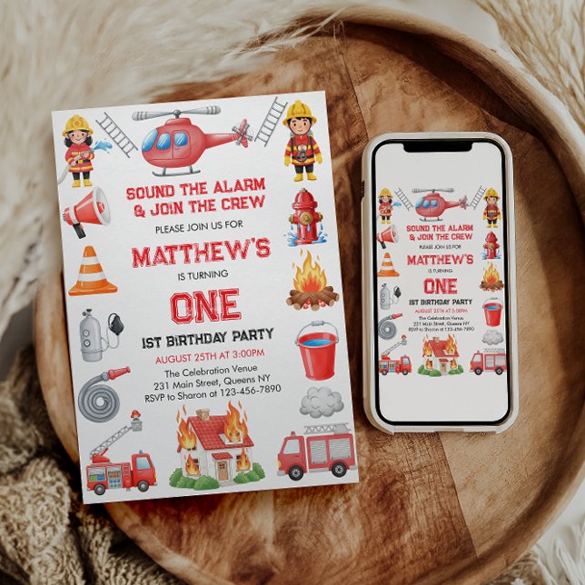 Convite Firetrucks Boy 1st Birthday | Cute Little party (Firetrucks Boy 1st Birthday | Cute Little party Invitation
)