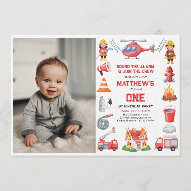 Convite Firetrucks Boy 1st Birthday | Cute Little party In (Frente)