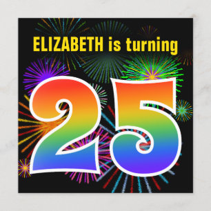 Convite Fireworks divertido + Rainbow Pattern "25" Anivers