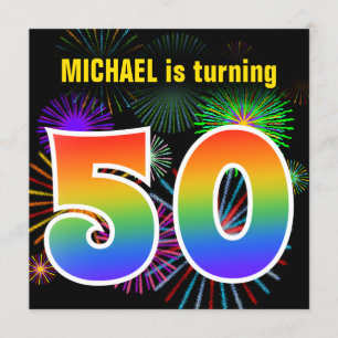 Convite Fireworks divertido + Rainbow Pattern "50" Anivers