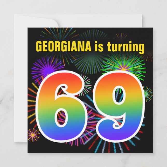Convite Fireworks divertido + Rainbow Pattern "69" Anivers (Frente)