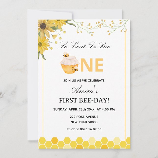 Convite First Bee Day Birthday (Frente)