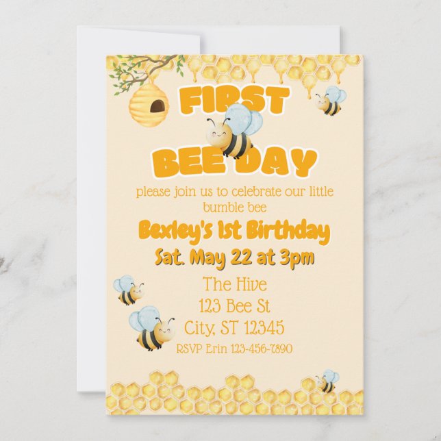 Convite First Bee Day, Bumble Bee 1st Birthday (Frente)