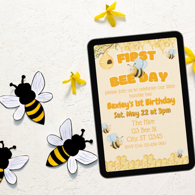Convite First Bee Day, Bumble Bee 1st Birthday (Criador carregado)
