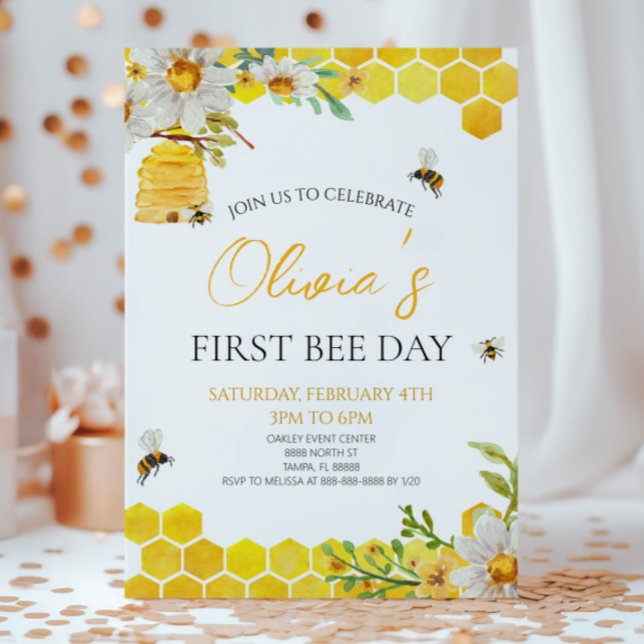 Convite First Bee Day Floral Honey Bee 1st Birthday Party (Criador carregado)