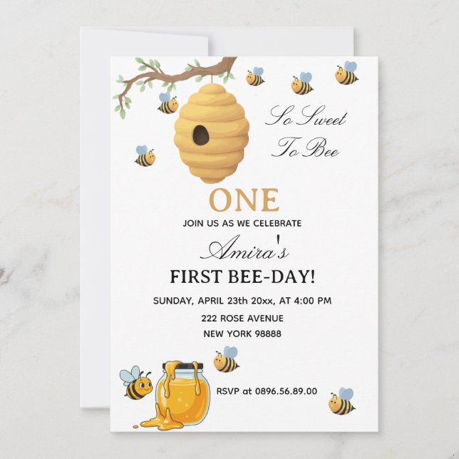 Convite First Bee Day yellow honey 1st Birthday (Frente)
