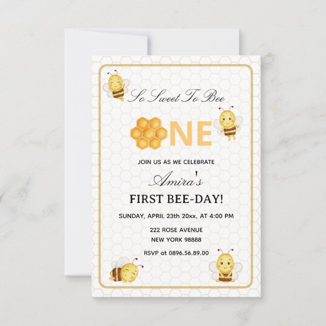 Convite First Bee Day yellow honey 1st Birthday invitation (Frente)