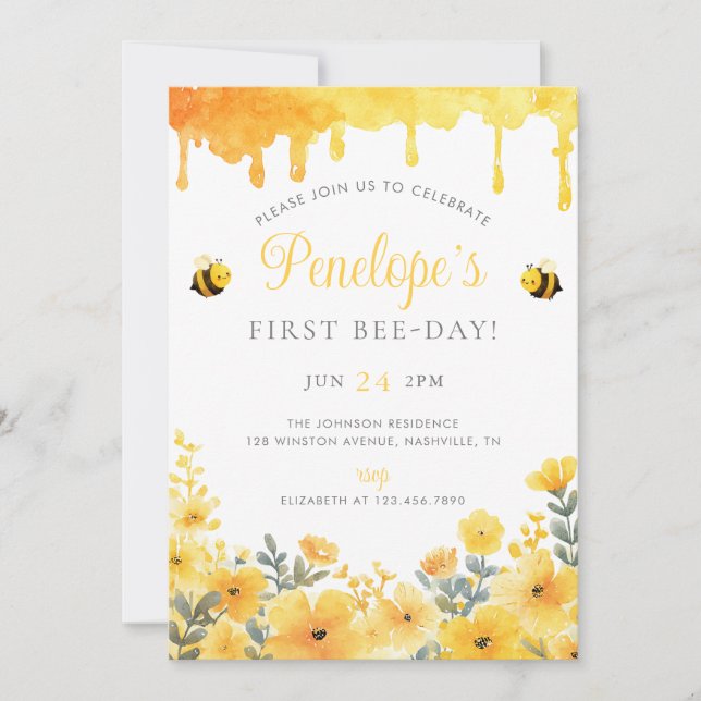 Convite First Bee Day Yellow Wildflowers 1st Birthday (Frente)