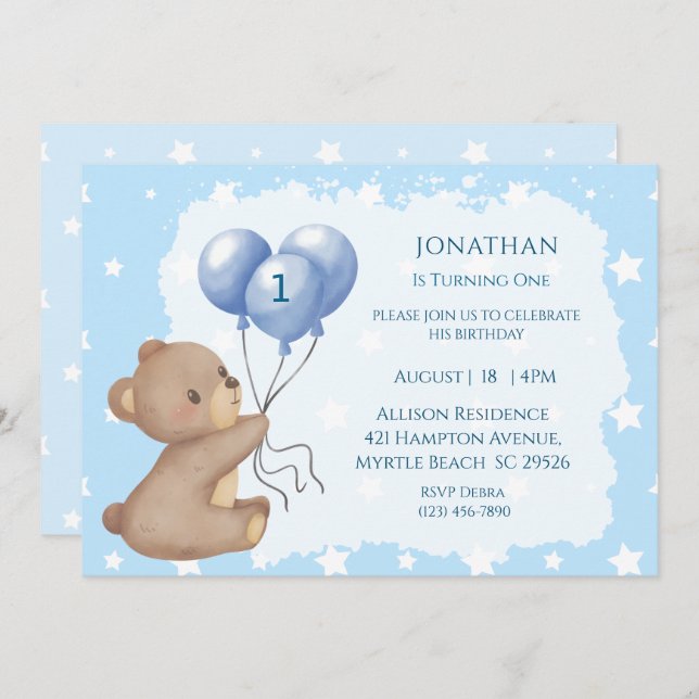 Convite First Birthday Balloon Bear Invitations (Frente/Verso)