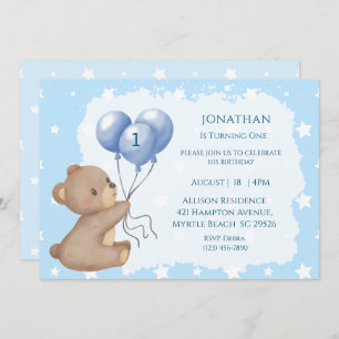 Convite First Birthday Balloon Bear Invitations