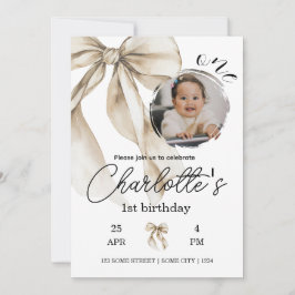 Convite First Birthday Beige Bow Neutral Invitation Photo