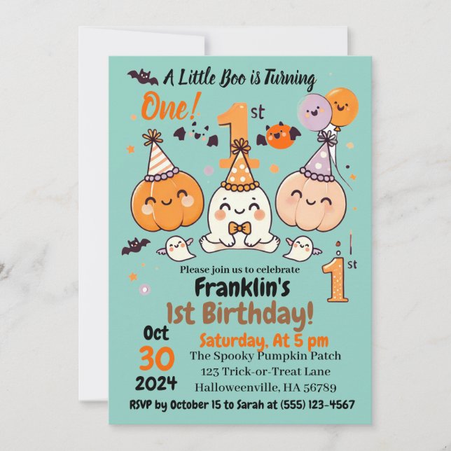 Convite First Birthday Halloween Pumpkin Ghost Party (Frente)