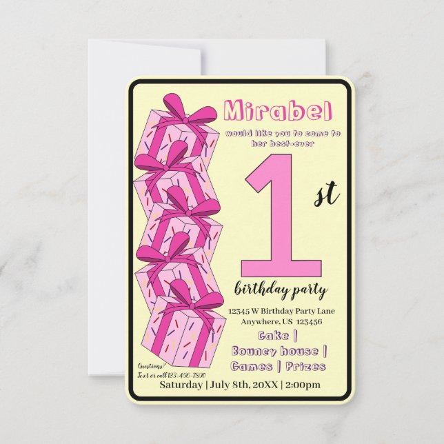 Convite First Birthday Invitation Custom Pink Gift Theme  (Frente)