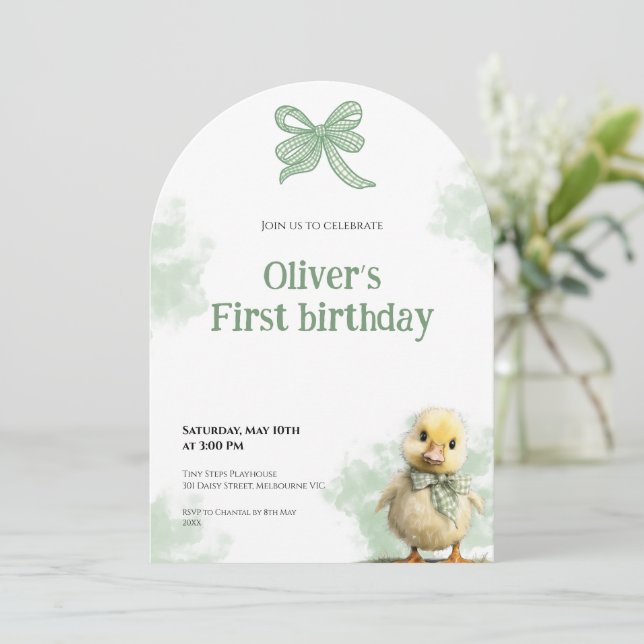 Convite First Birthday Invitation Duck Bow Baby Birthday (Em pé/Frente)