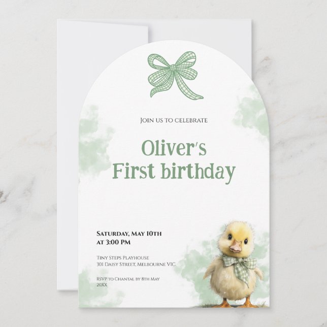 Convite First Birthday Invitation Duck Bow Baby Birthday (Frente)