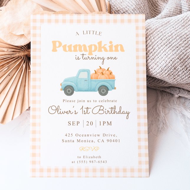 Convite First Birthday Pumpkin Invitation - Blue Truck (Criador carregado)
