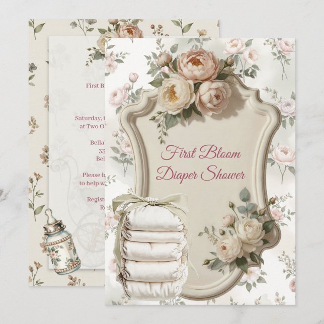 Convite First Bloom Diaper Shower Invitation (Frente/Verso)