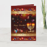 Convite First Candle of Hanukkah Festival of lights Party<br><div class="desc">First Candle of Hanukkah. Happy Hanukkah Festival of lights Party Invitation Beautiful Jewish Holiday Card. Jewish Holiday Chanukkah background with traditional Chanuka decorative symbols - wooden dreidels (spinning top), donuts, hanukkiah menorah, candles, star of David and glowing lights wallpaper gold pattern. Hanukkah Festival of lights Event Decoration. Jerusalem, Israel. Invitations...</div>