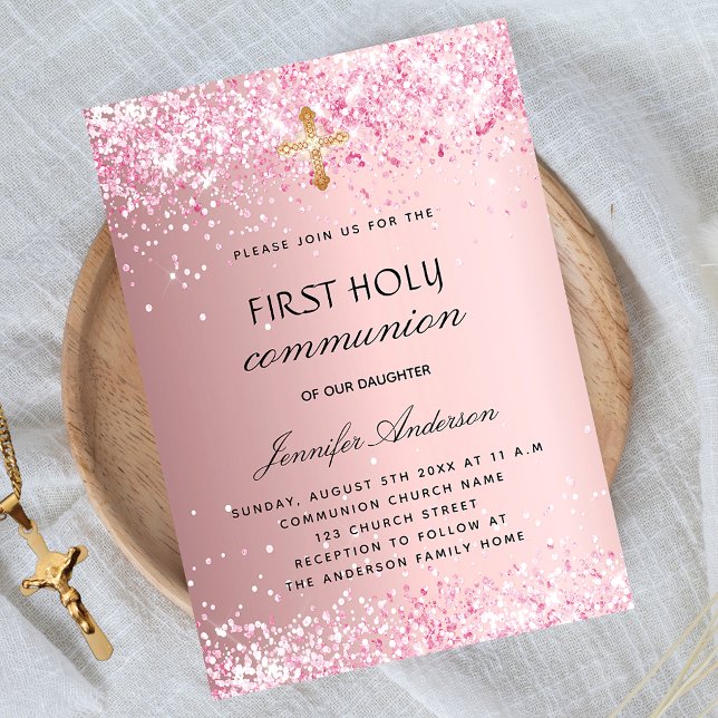 Convite First communion blush pink glitter luxury (Criador carregado)