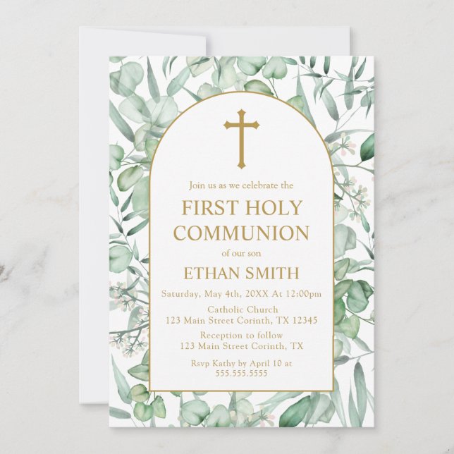 Convite First Communion Eucalyptus leaves Invitation (Frente)